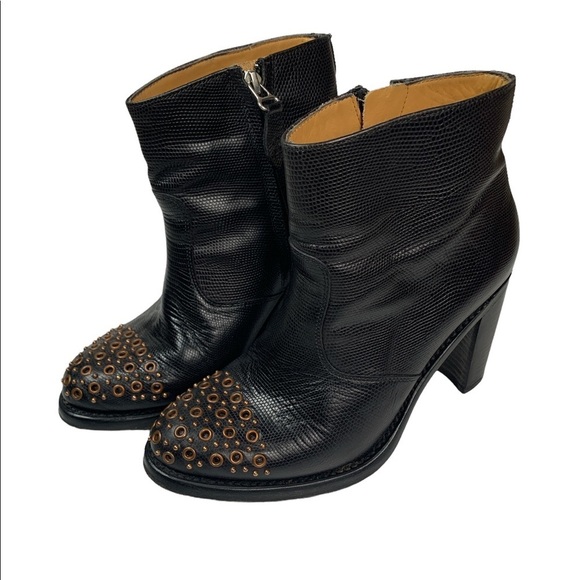 Studded‎ Toe Black Leather Ankle Boots Square Toe Block Heel Fashion Shoes - Picture 2 of 10